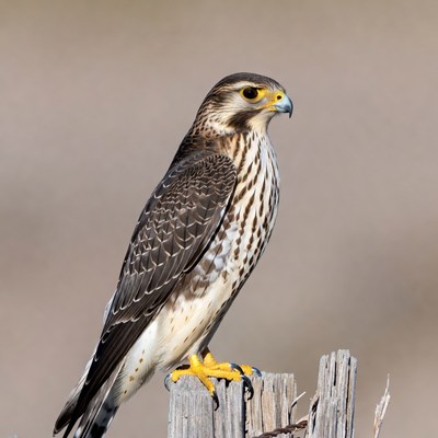 Falcon perched on wooden post