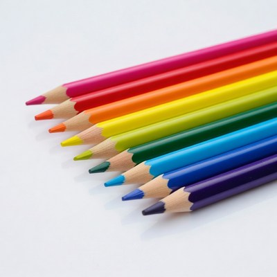 Rainbow colored pencils on white background
