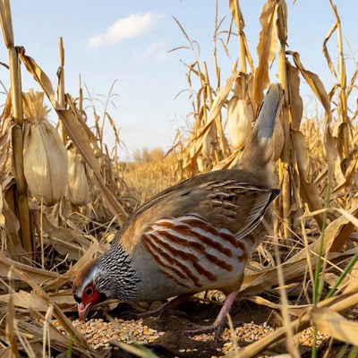 Red-winged Francolin eating corn