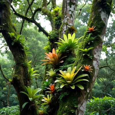 Mossy Trees with Bromeliads in Rainforest