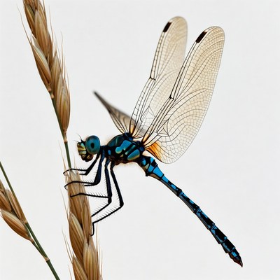 Blue dragonfly on wheat stalk