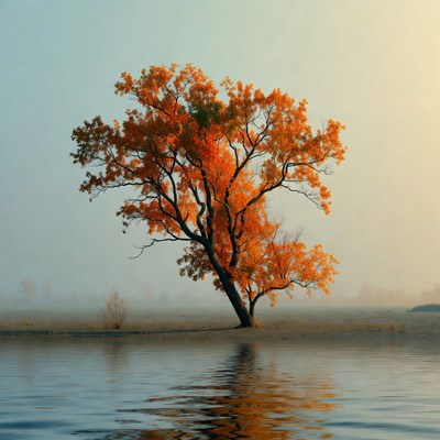 Autumn Tree Reflection in Foggy Lake