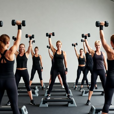Group of women doing dumbbell step aerobics