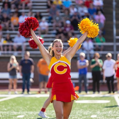 Cheerleader with pom poms on football field