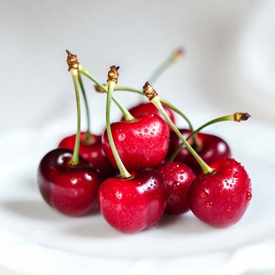 Fresh red cherries on white plate