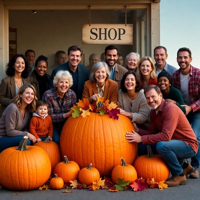 Diverse family with giant pumpkin outside shop