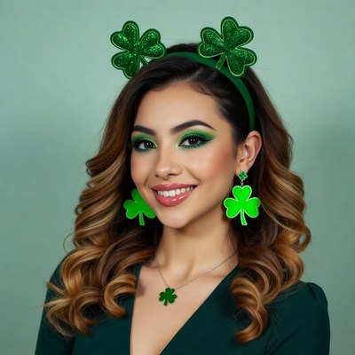 Woman wearing shamrock St. Patrick's headband
