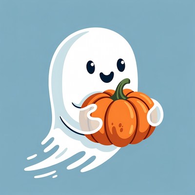 Cute ghost holding pumpkin