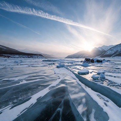 Frozen Lake with Mountains and Sunset