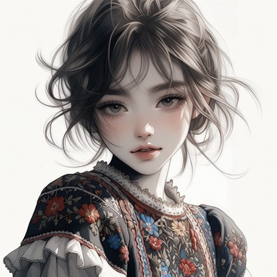 Anime girl in floral embroidered dress