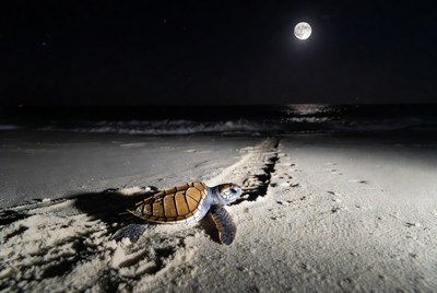 Baby Sea Turtle on Moonlit Beach