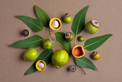 Fresh Macadamia Nuts with Eucalyptus Leaves