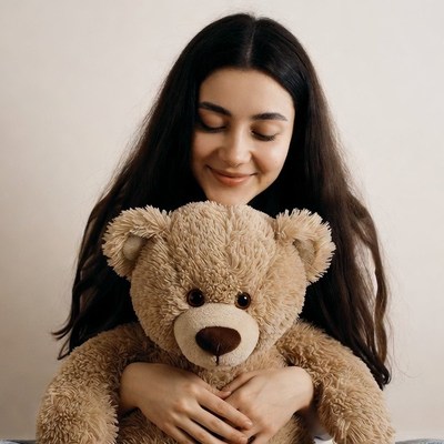 Woman hugging teddy bear