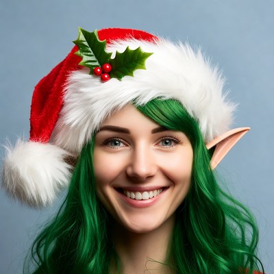 Woman with green hair and elf ears in Santa hat
