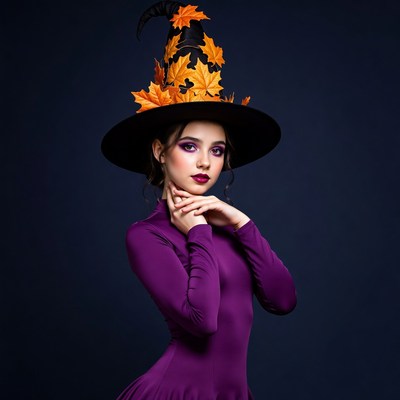 Young woman in witch hat with autumn leaves