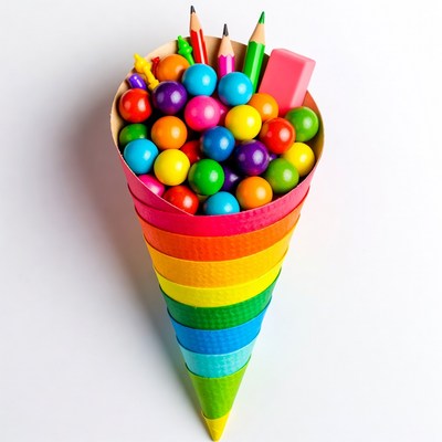 Colorful cone with candies and pencils