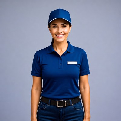 Smiling woman in blue delivery uniform