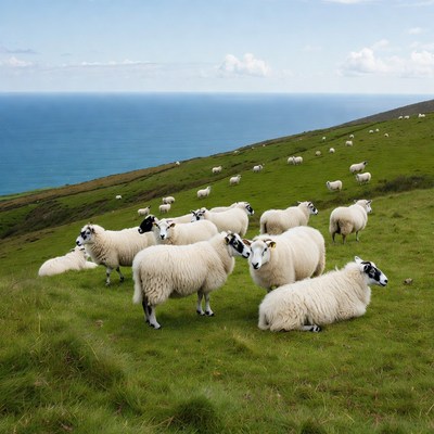 Sheep grazing on green hill by ocean