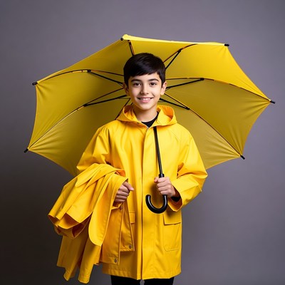 Boy holding yellow raincoat and umbrella