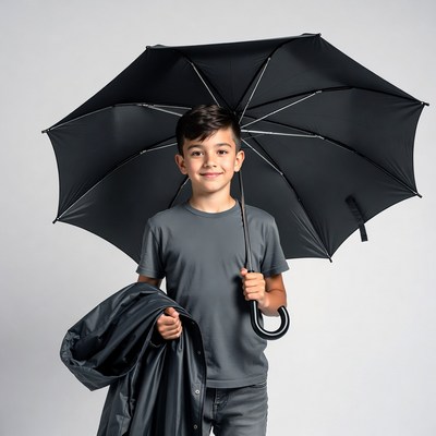 Boy holding black umbrella and jacket