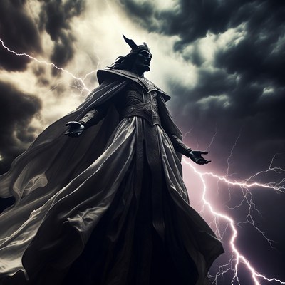 Viking Warrior Raising Arms in Storm