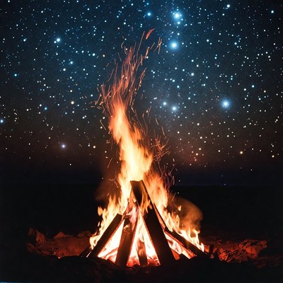 Campfire Burning Under Starry Night Sky