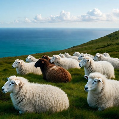 Sheep flock on green hill overlooking ocean