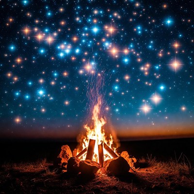 Campfire under starry night sky