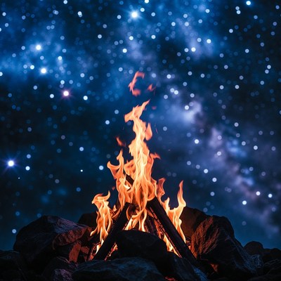 Campfire under starry night sky