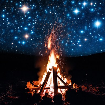 Campfire under starry night sky