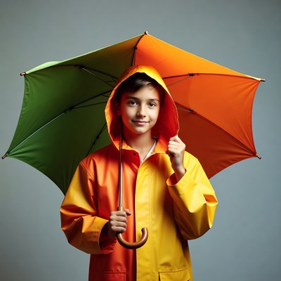 Boy with colorful umbrella and raincoat