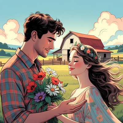 Man giving flowers to woman in field