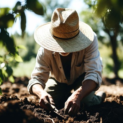Elderly man gardening in straw hat