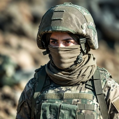 Middle Eastern woman in military helmet