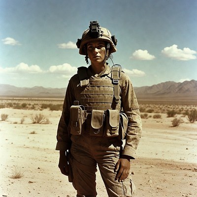 Female soldier in desert with mountains