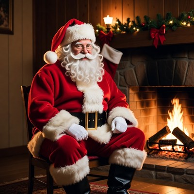 Santa Claus sitting by fireplace