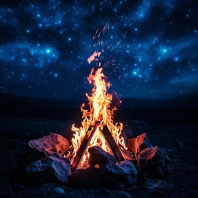 Campfire Burning Under Starry Night Sky