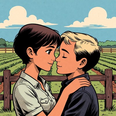 Young couple kissing by farm fence
