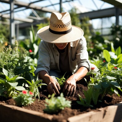 Woman planting seedlings in greenhouse