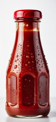 Condensation-covered ketchup bottle