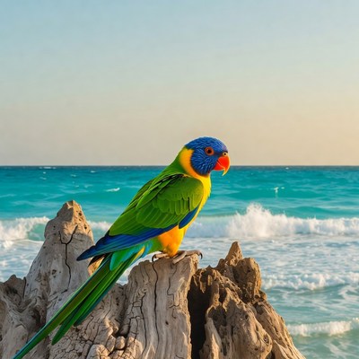 Rainbow Lorikeet on Driftwood by Ocean