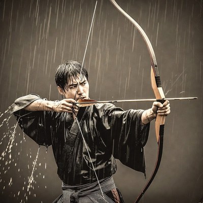 Man shooting bow in rain
