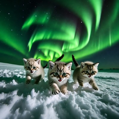 Three Kittens Playing in Snow with Aurora