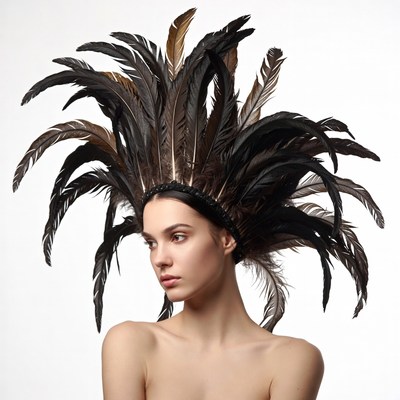Woman wearing large feather headdress