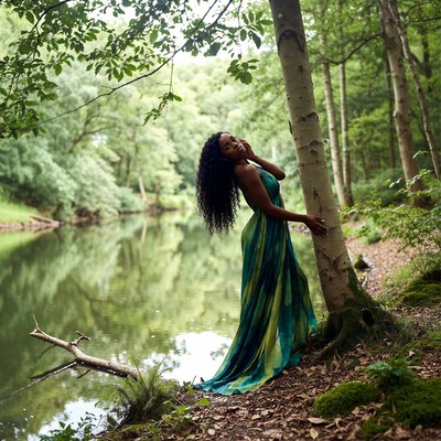 Black woman in green dress by forest river