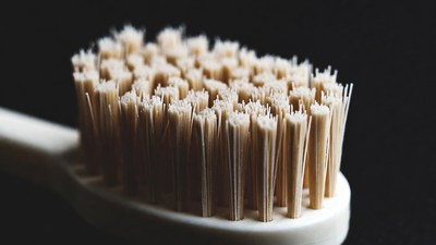 Closeup of white toothbrush bristles
