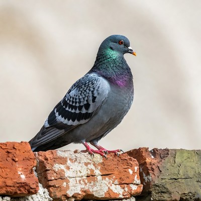 Pigeon perched on brick wall