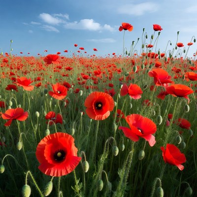 Red Poppy Field Under Blue Sky