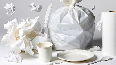 White disposable tableware and trash bag