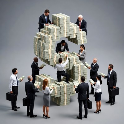 Business professionals building dollar sign with cash stacks